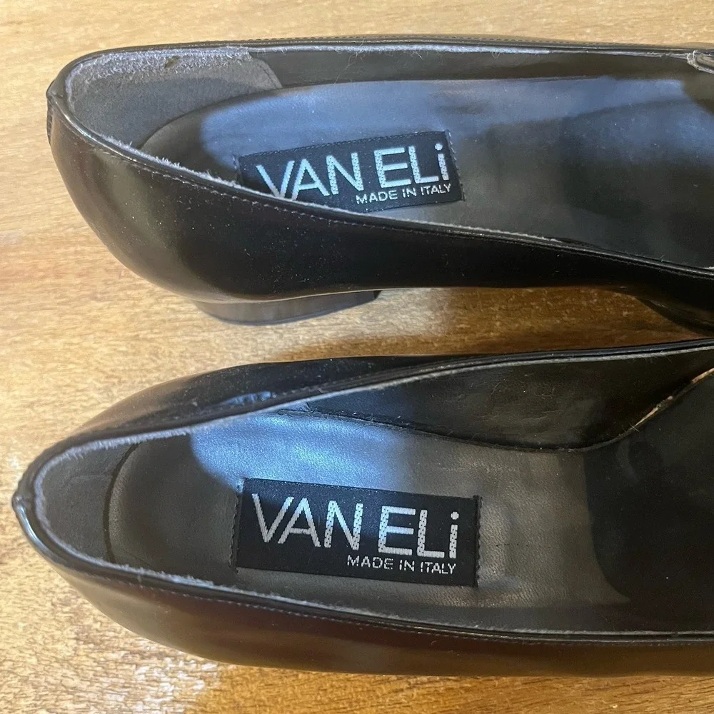 VTG Vaneli Made in Italy Black Patent Horsebit Square Toe Pumps Loafers 7M Y2K